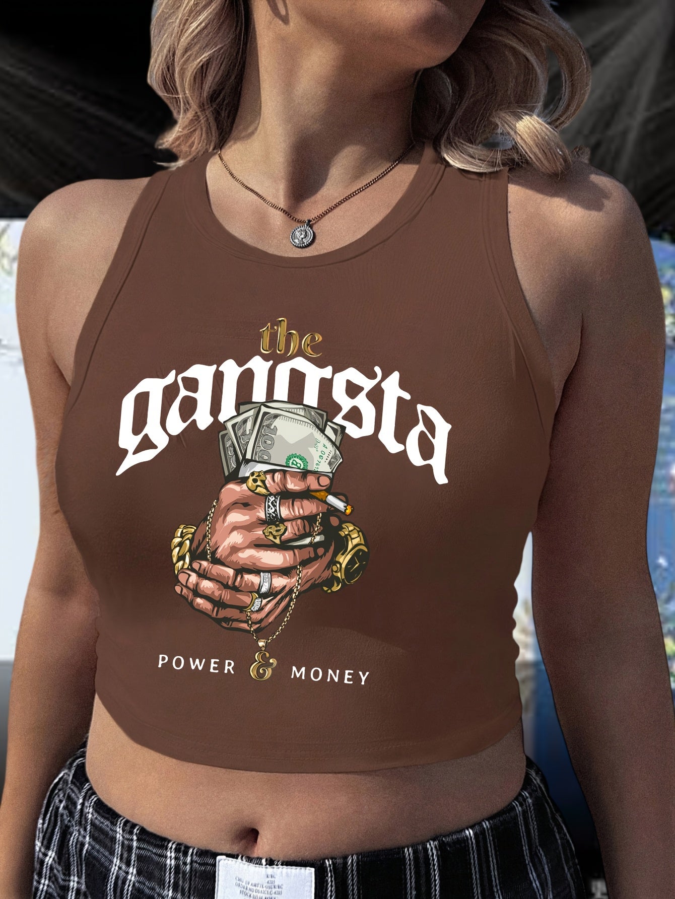 Women'S "The Gangsta" Graphic Crop Top Tank Top - Sleeveless, Light Blue with Money & Handshake Design, Casual Summer Tee for Adults, Casual Attire | Playful Print | Polyester Blen